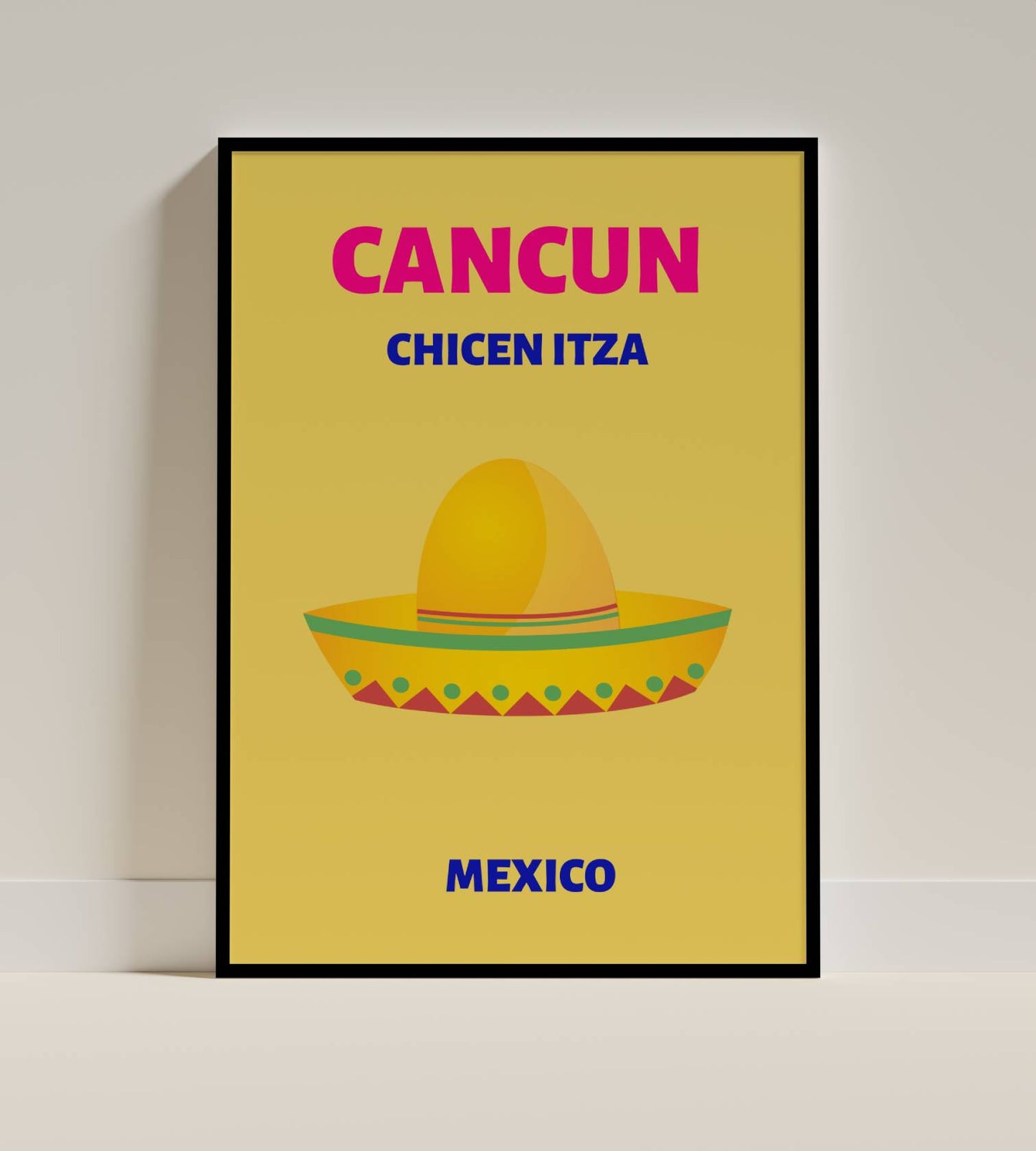 Cancun Mexico Travel Poster – Chichen Itza & Sombrero Art