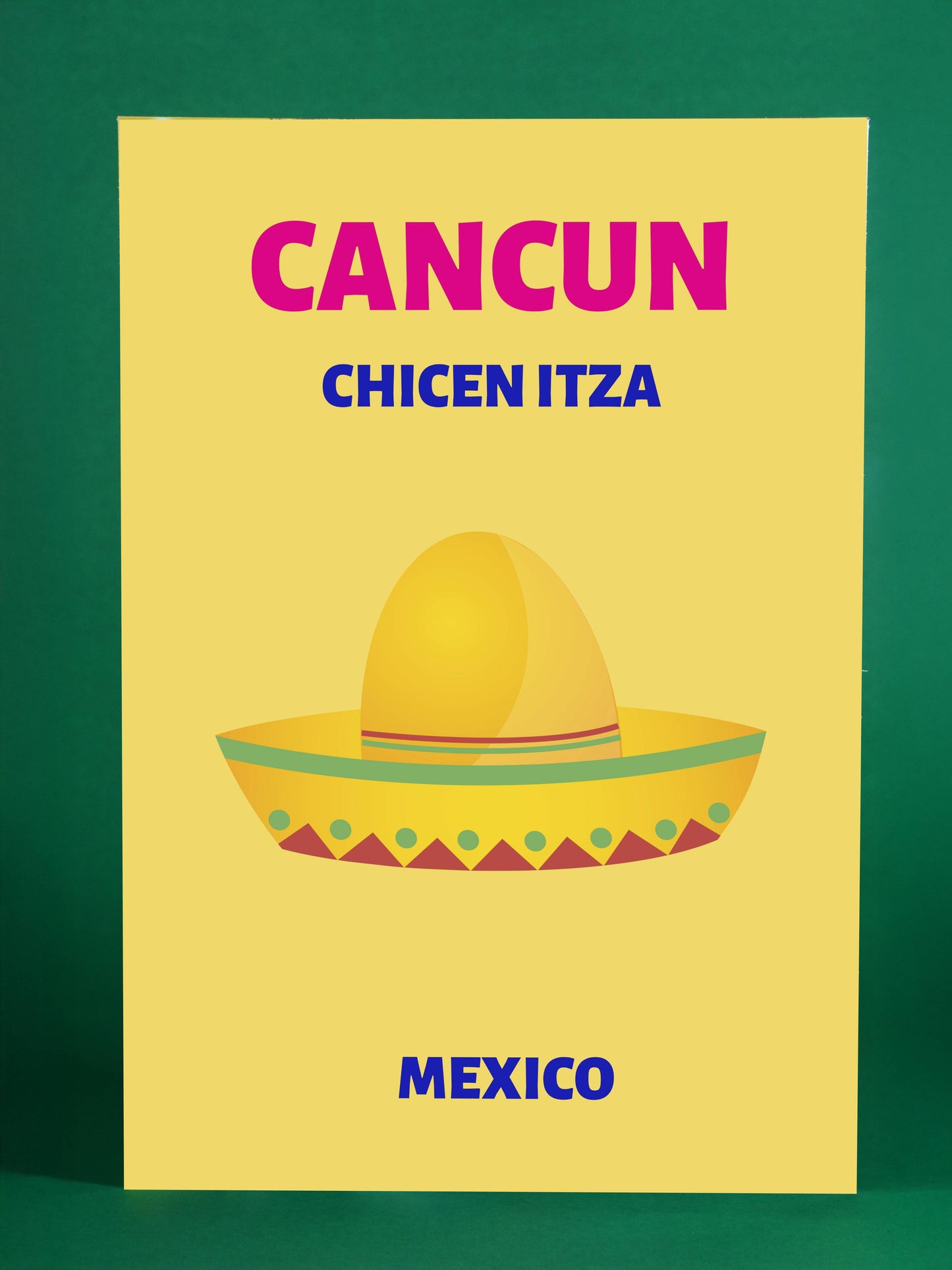 Cancun Mexico Travel Poster – Chichen Itza & Sombrero Art
