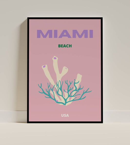 Miami Beach Poster - Modern Coral Art, USA