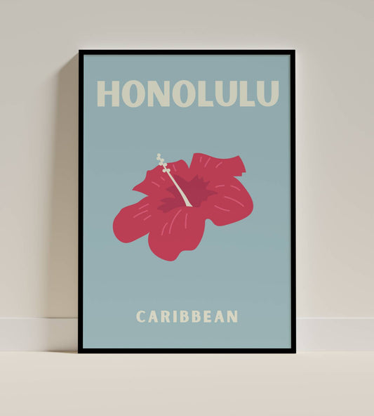Honolulu Poster – Hibiscus Flower Print, Tropical Caribbean Wall Art