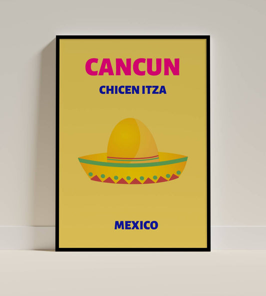 Cancun Mexico Travel Poster – Chichen Itza & Sombrero Art