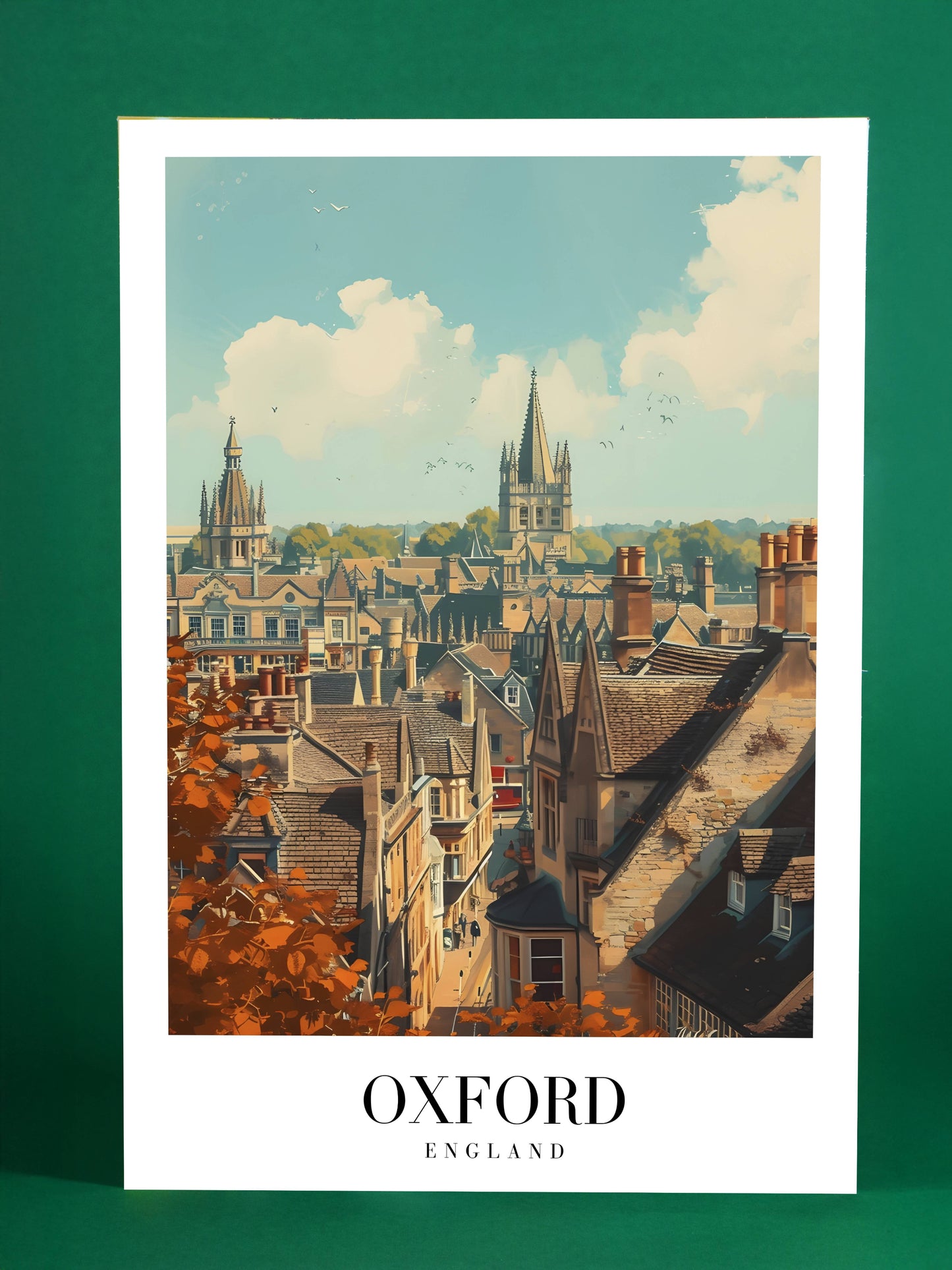 Oxford Skyline Poster – Historic Spires and Autumn Leaves