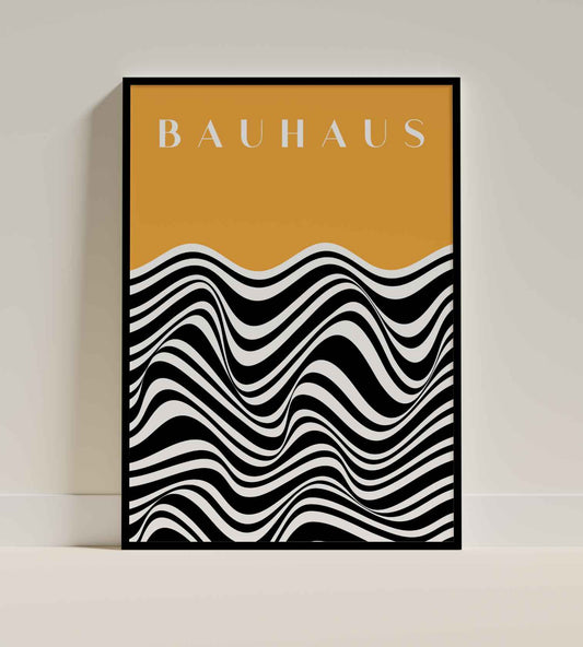 Modern Bauhaus Abstract Wave Poster – Yellow & Black