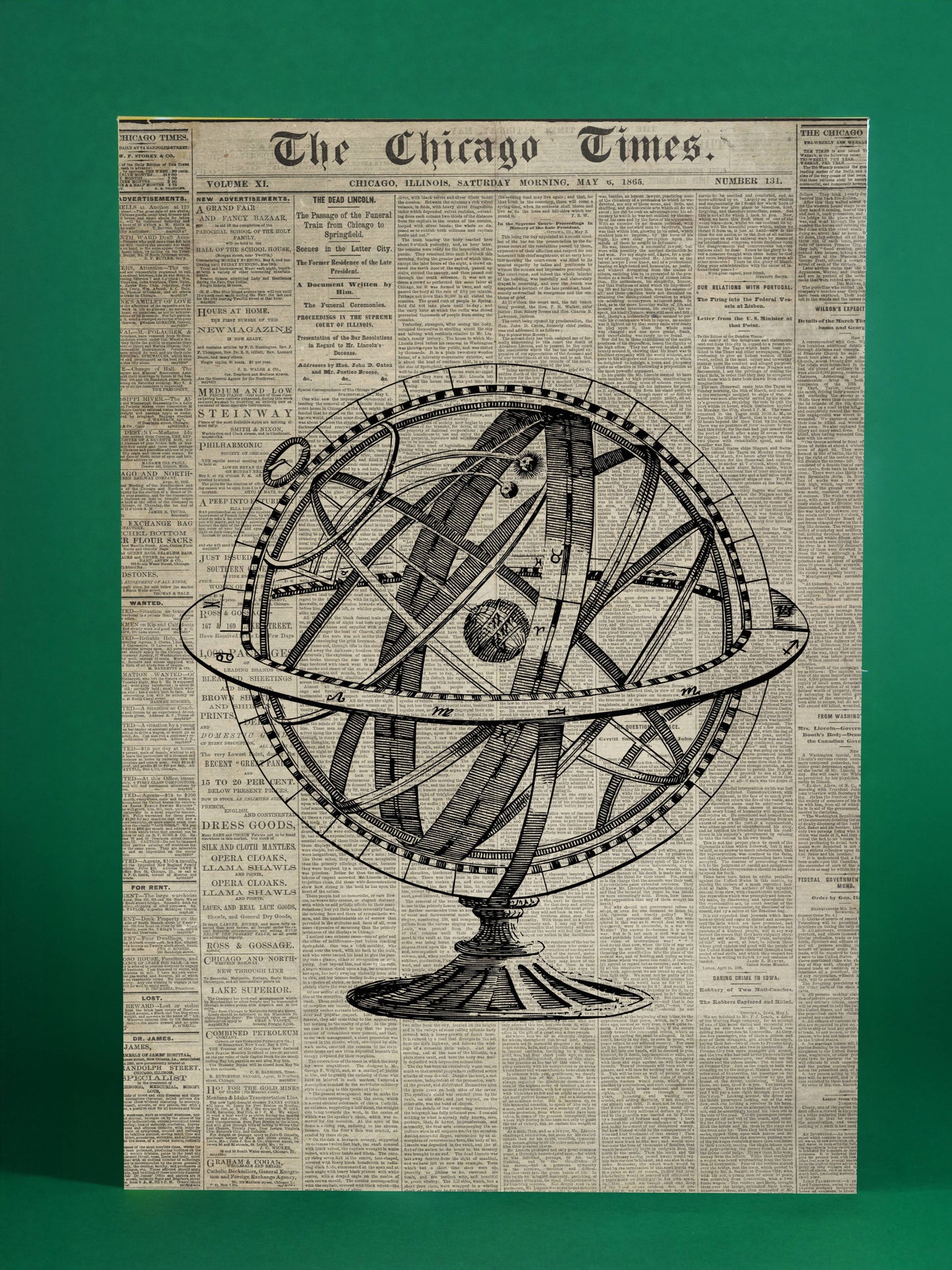Antique Armillary Sphere with Historic Newspaper