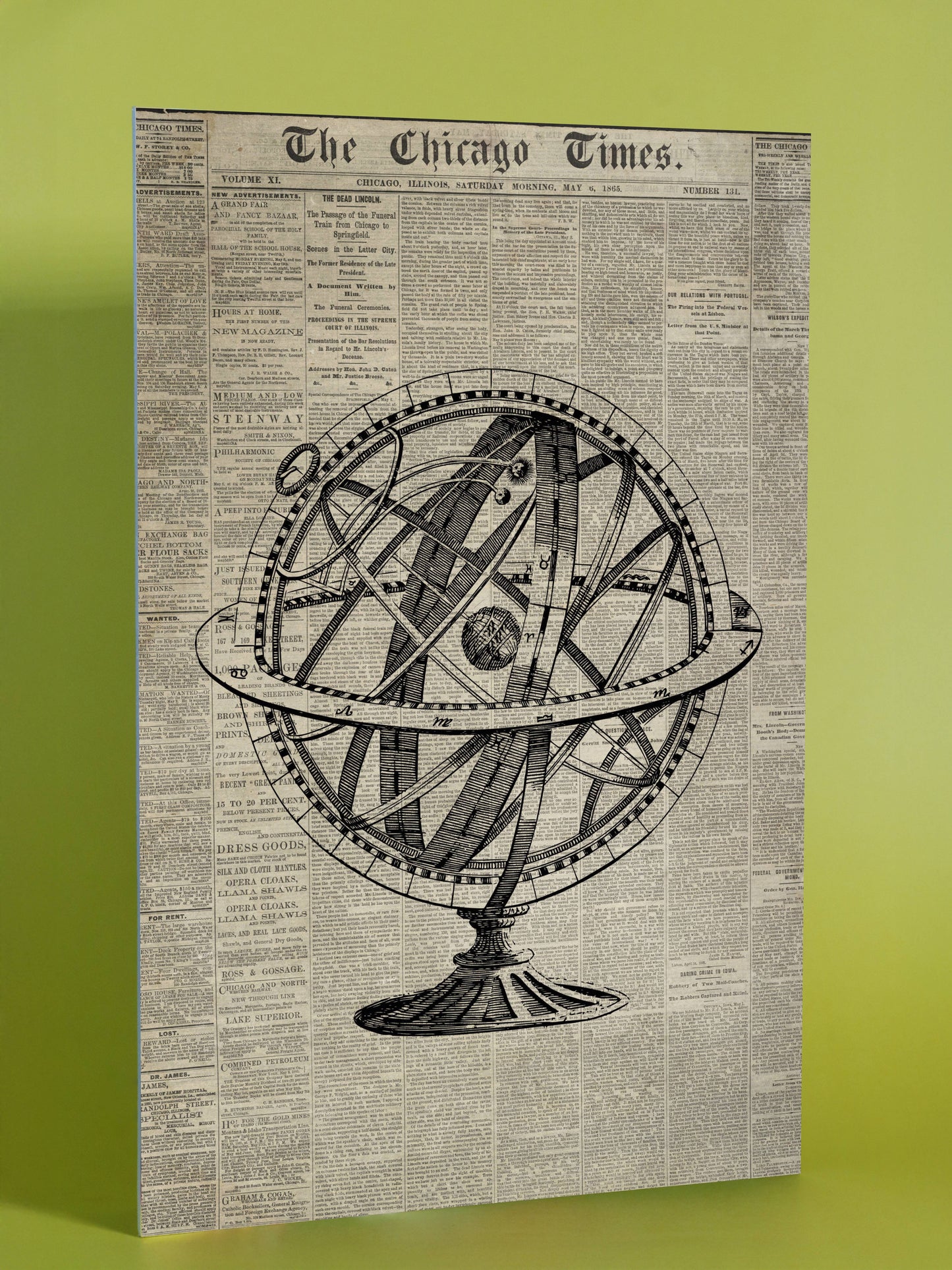 Antique Armillary Sphere with Historic Newspaper