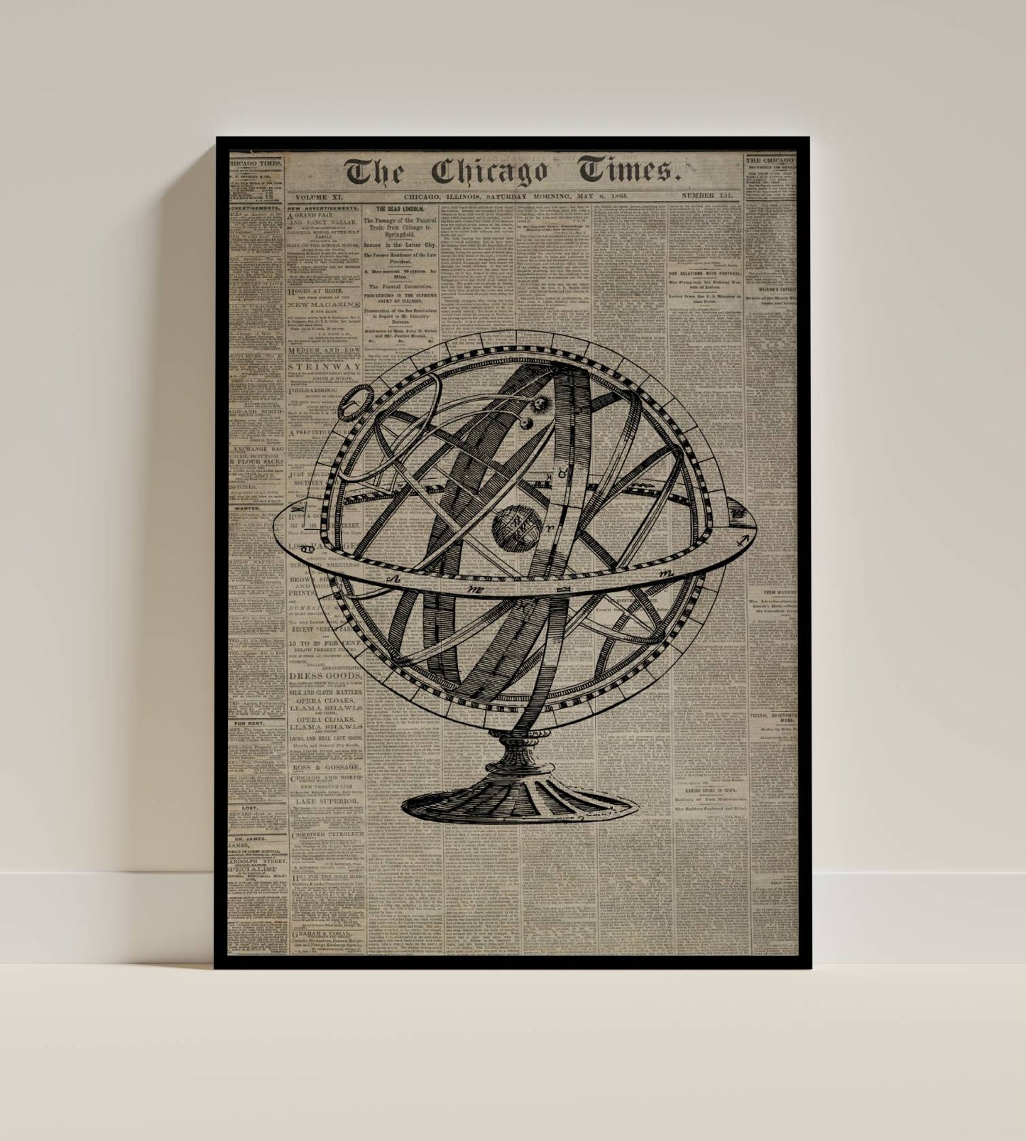 Antique Armillary Sphere with Historic Newspaper