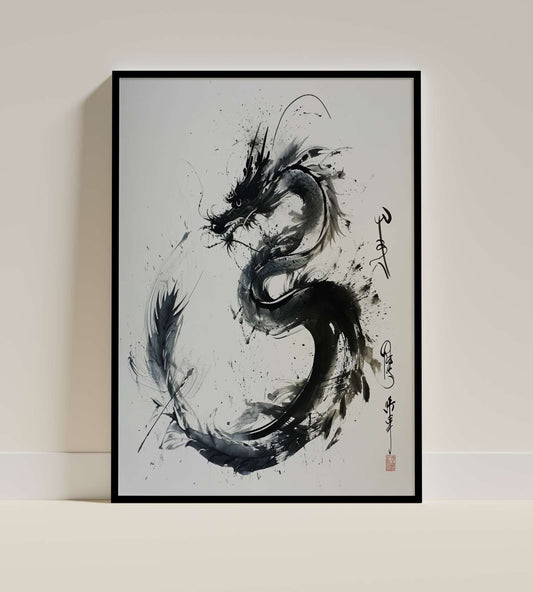Japanese Dragon Ink Painting – Sumi-e Style Wall Print
