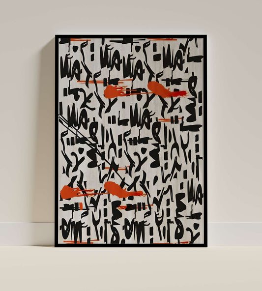 Abstract Urban Calligraphy Print with Red Accents