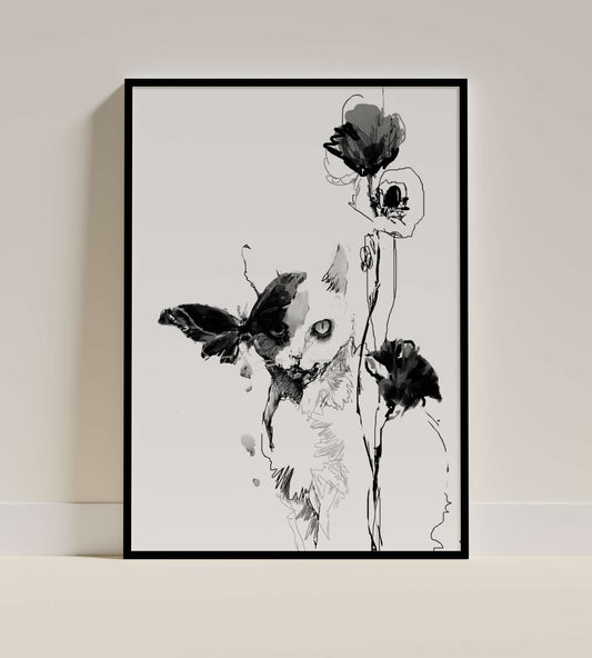Artistic Cat and Flower Line Drawing Poster