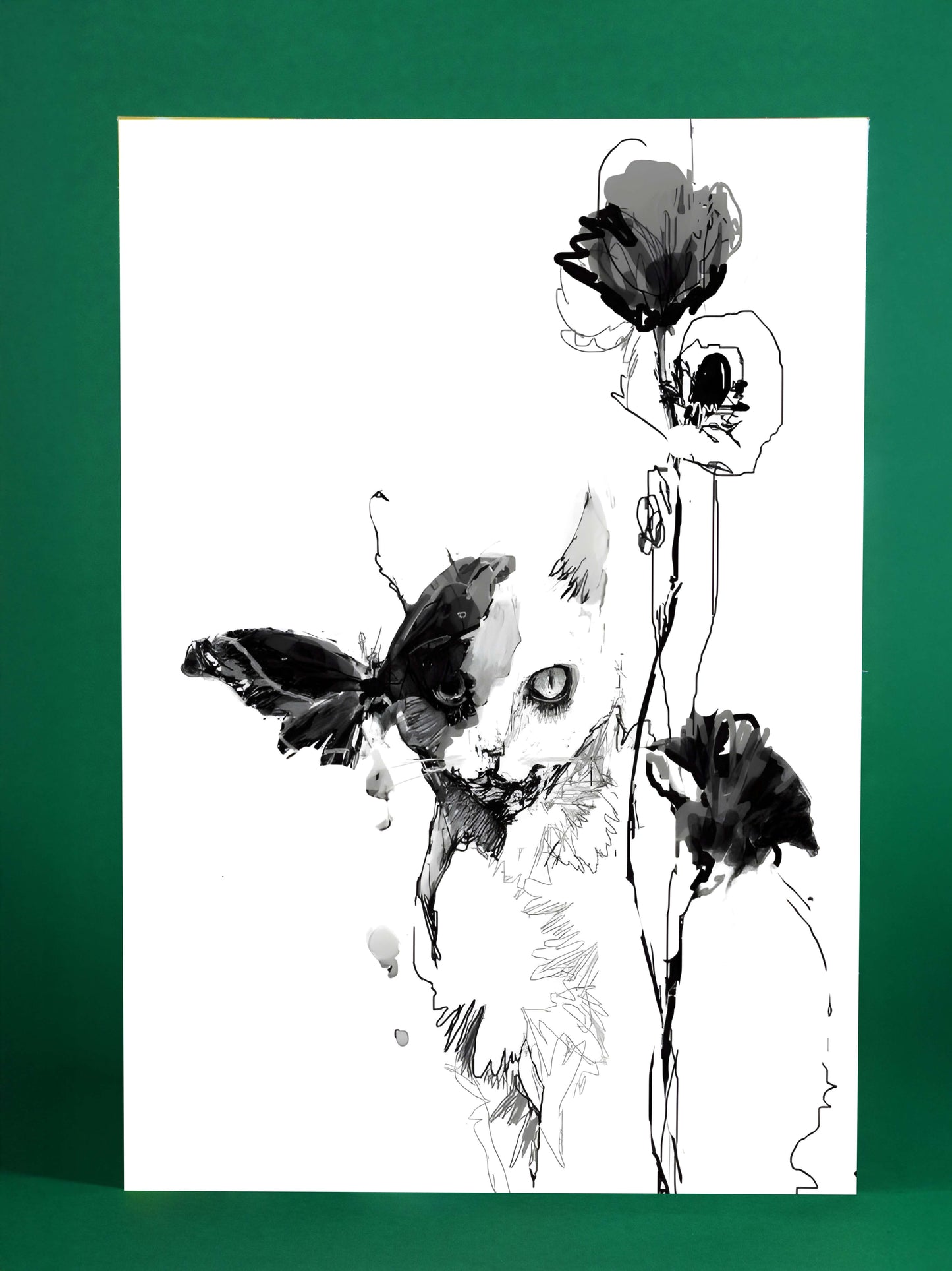 Artistic Cat and Flower Line Drawing Poster