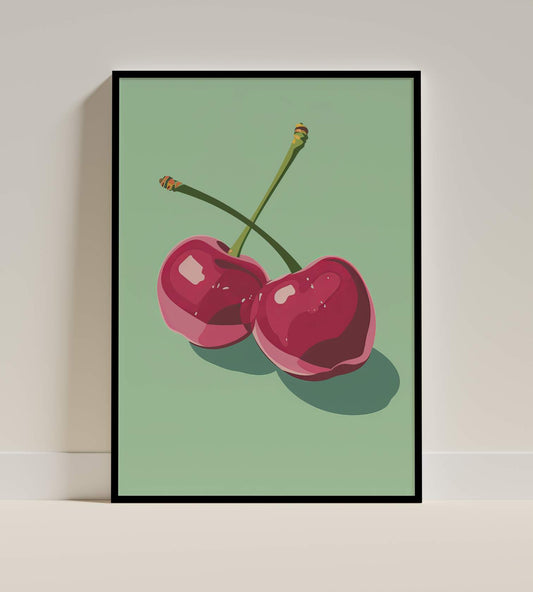 Minimalist Cherry Duo Poster – Modern Green Background