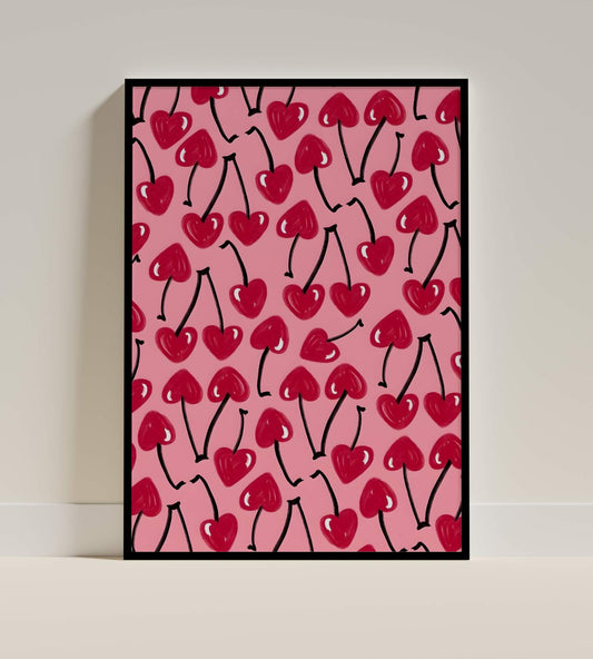 Heart Cherry Pattern Poster – Vibrant Pink Wall Art