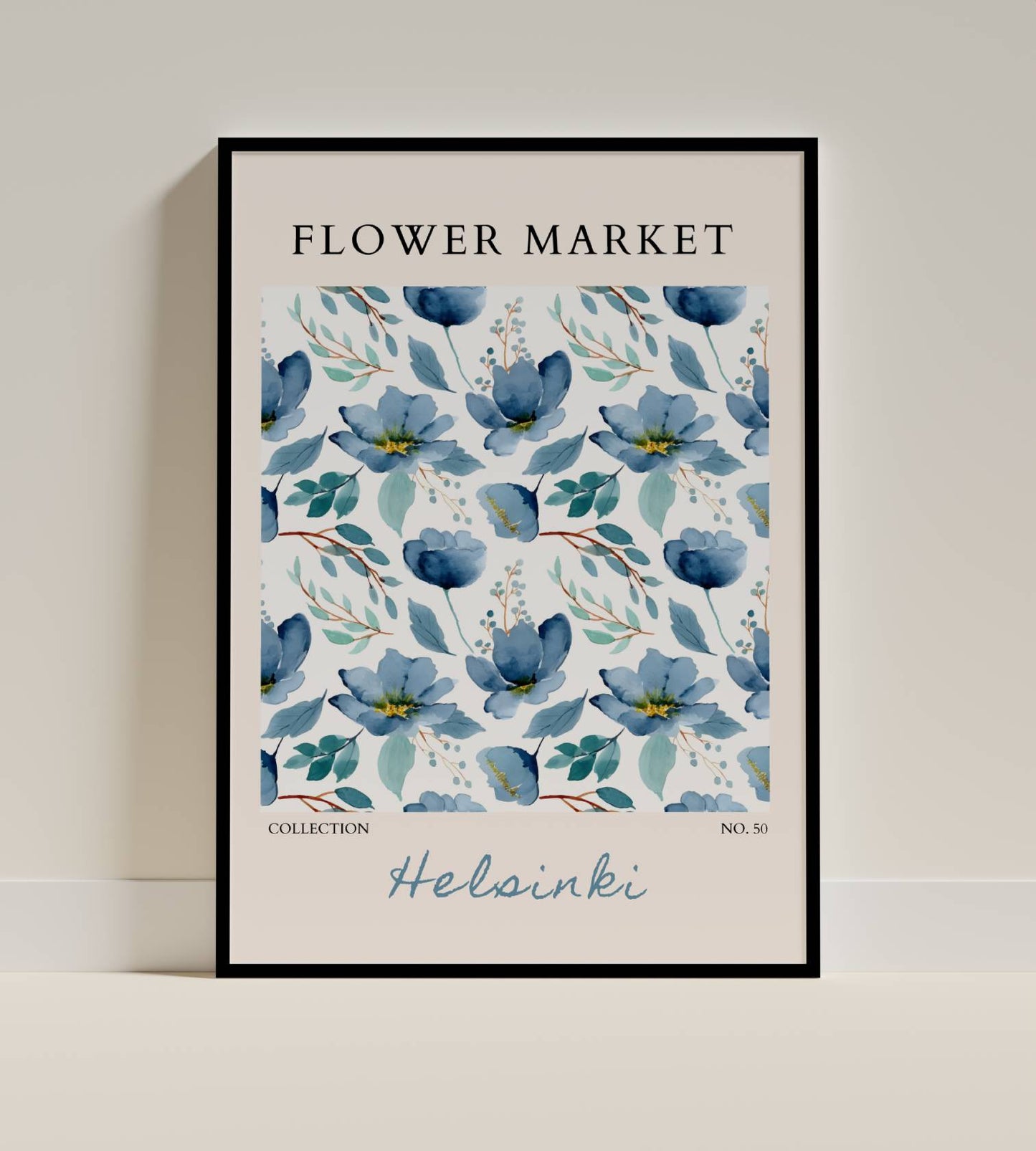 Helsinki Flower Market Poster – Blue Watercolor Floral