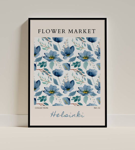 Helsinki Flower Market Poster – Blue Watercolor Floral