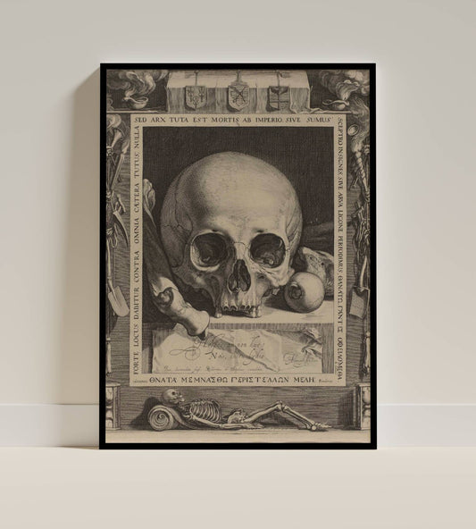 Memento Mori Skeletons & Latin Motto