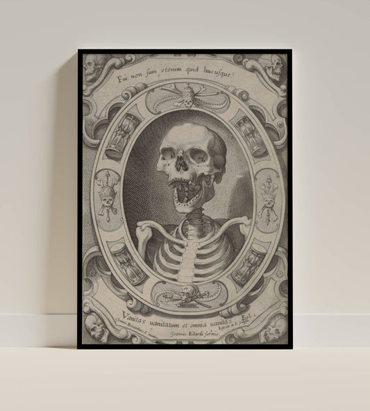 Vanitas Skeleton – Baroque Memento Mori Engraving”